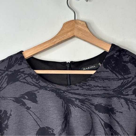 Marina Womans Size 14 Gray Black Floral Printed Dress Sleeveless Rusched Bow - Picture 3 of 9